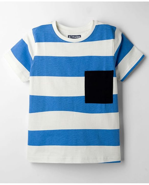 Pine Kids 100% Cotton Knit Half Sleeves Striped T-Shirt - Blue & White