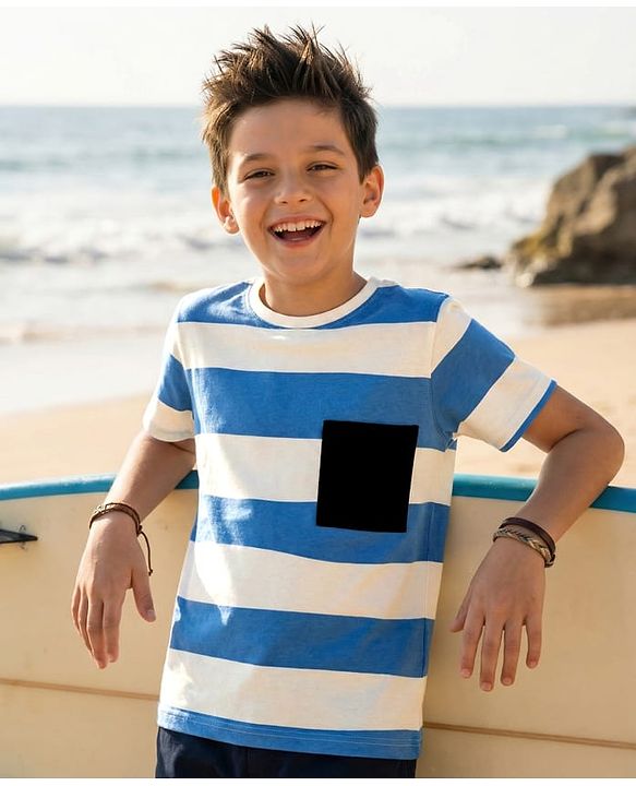 Pine Kids 100% Cotton Knit Half Sleeves Striped T-Shirt - Blue & White