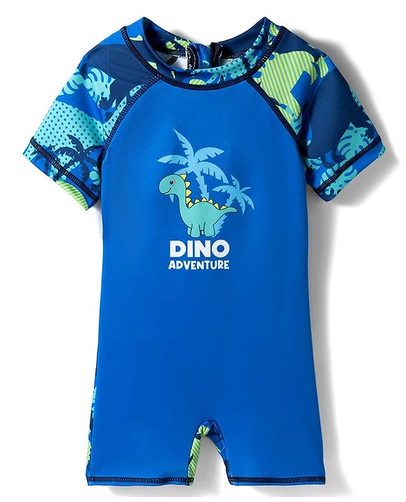 Babyhug Water Repellent Half Raglan Sleeves Beach Theme & Dino Printed Legged Swimsuit -  Blue