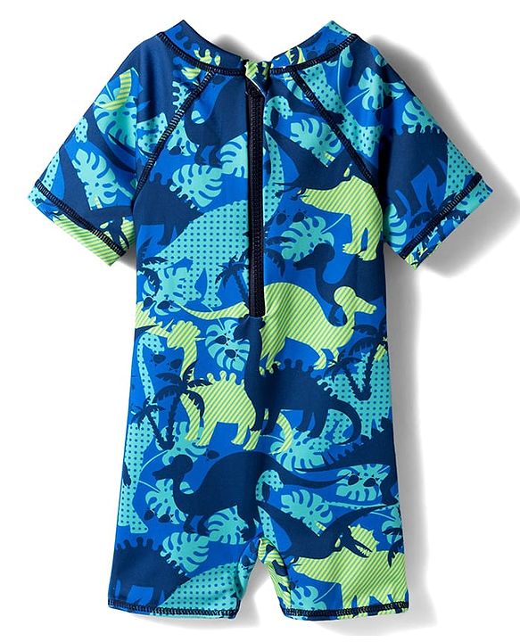 Babyhug Water Repellent Half Raglan Sleeves Beach Theme & Dino Printed Legged Swimsuit -  Blue