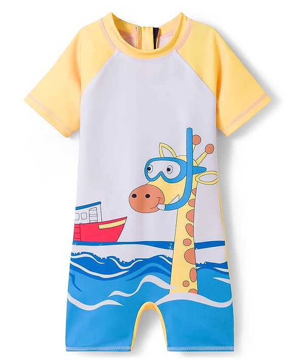 Babyhug Raglan Half Sleeves Nautical Theme & Animal Printed Legged Swimsuit - Blue
