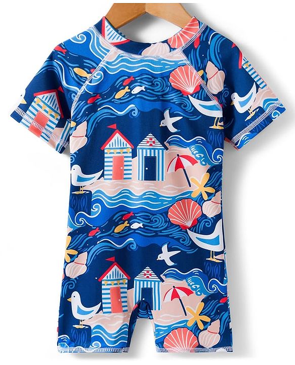 Babyhug Half Raglan Sleeves Beach Theme Printed Legged Swimsuit - Navy Blue