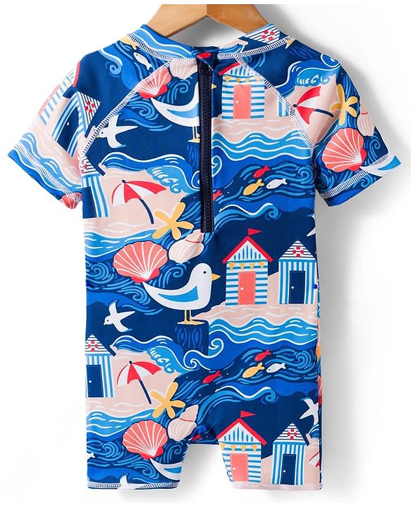Babyhug Half Raglan Sleeves Beach Theme Printed Legged Swimsuit - Navy Blue