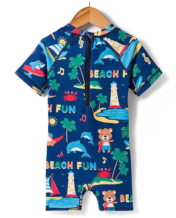 Babyhug Water Repellant Half Raglan Sleeves Beach Theme Printed Legged Swimsuit - Navy Blue