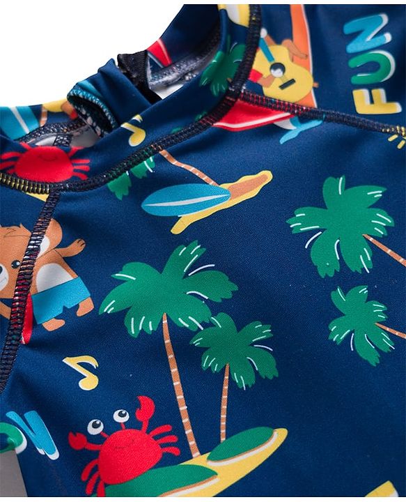 Babyhug Water Repellant Half Raglan Sleeves Beach Theme Printed Legged Swimsuit - Navy Blue