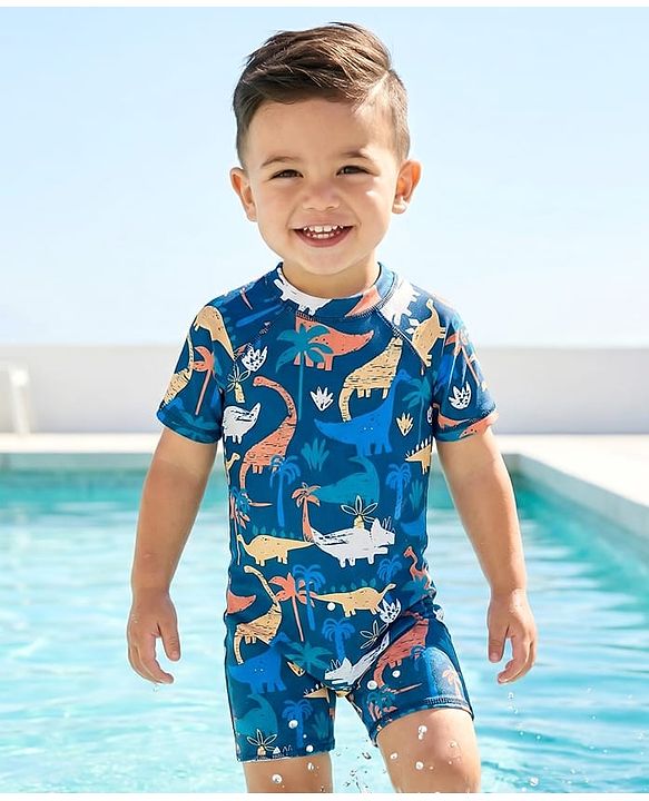 Babyhug Water Repellant Half Raglan Sleeves Legged Swimsuit   With Dino Print - Navy Blue