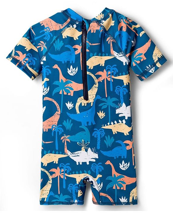 Babyhug Water Repellant Half Raglan Sleeves Legged Swimsuit   With Dino Print - Navy Blue