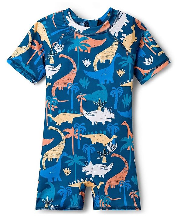 Babyhug Water Repellant Half Raglan Sleeves Legged Swimsuit   With Dino Print - Navy Blue
