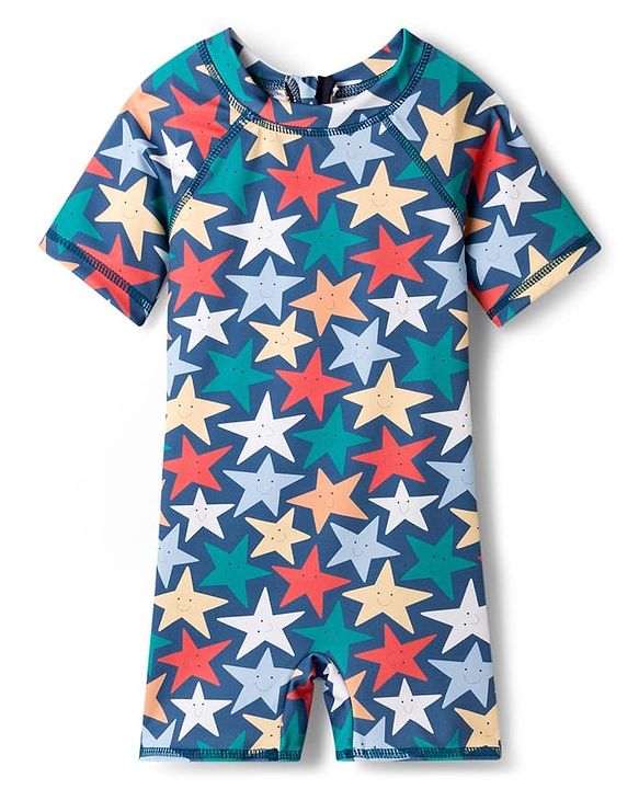 Babyhug Water Repellant Half Raglan Sleeves Legged Swimsuit  With Star Print - Navy Blue