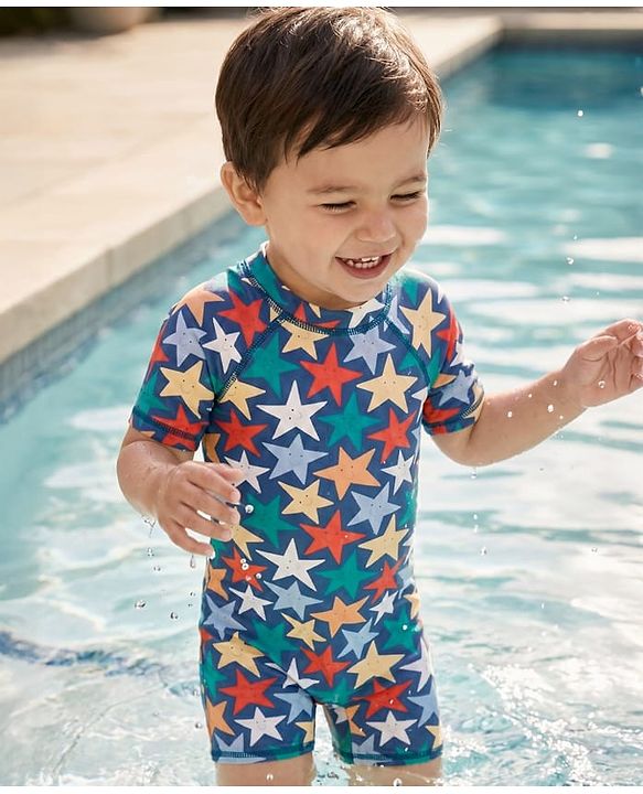Babyhug Water Repellant Half Raglan Sleeves Legged Swimsuit  With Star Print - Navy Blue