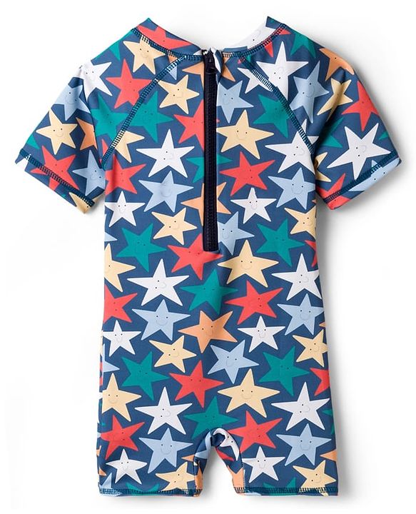 Babyhug Water Repellant Half Raglan Sleeves Legged Swimsuit  With Star Print - Navy Blue