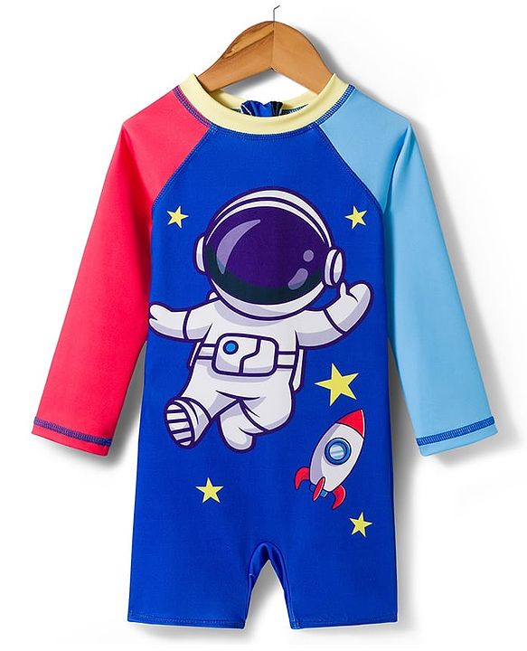 Babyhug Raglan Full Sleeves Space Theme Printed Legged Swimsuit - Blue & Red