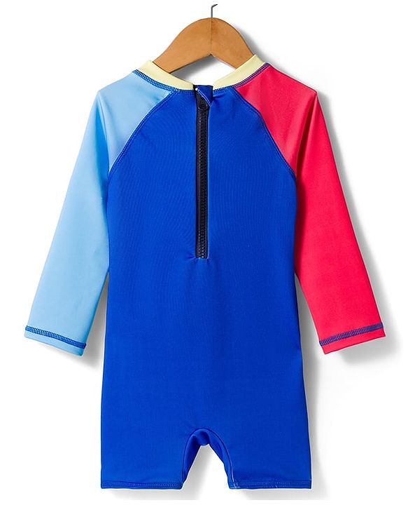 Babyhug Raglan Full Sleeves Space Theme Printed Legged Swimsuit - Blue & Red