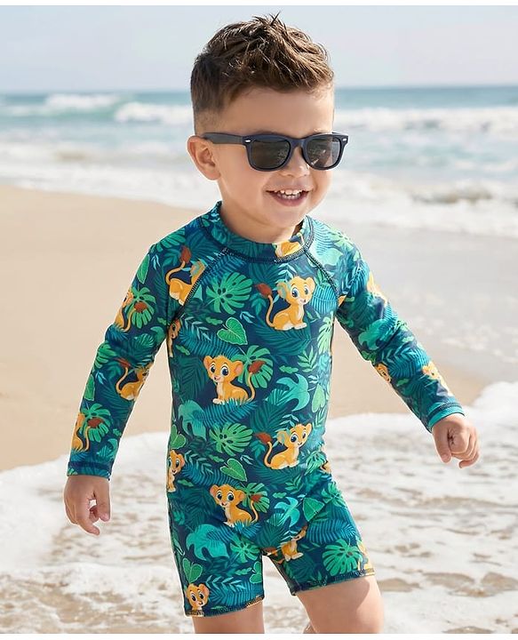 Babyhug Water Repellent Full Raglan Sleeves Legged Swimsuit With Lion Print - Navy Blue