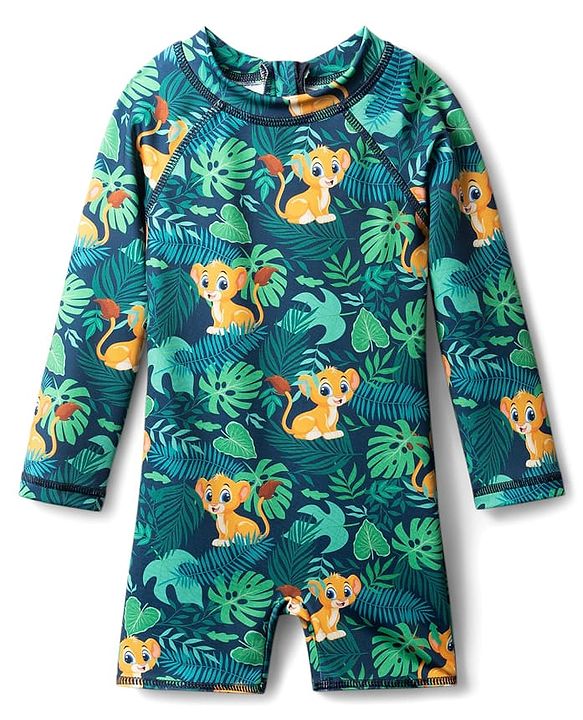 Babyhug Water Repellent Full Raglan Sleeves Legged Swimsuit With Lion Print - Navy Blue