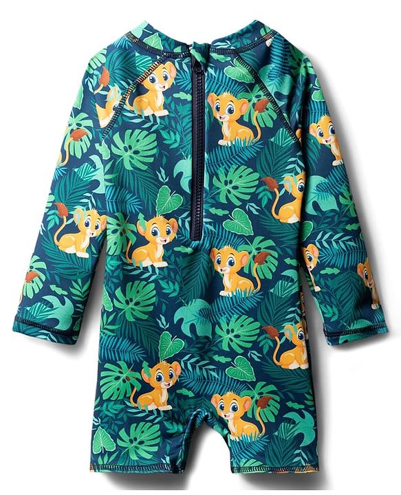 Babyhug Water Repellent Full Raglan Sleeves Legged Swimsuit With Lion Print - Navy Blue