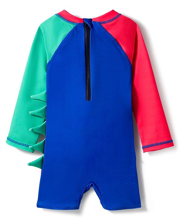 Babyhug Water Repellent Full Raglan Sleeves Legged Swimsuit   With Dino Print - Navy Blue