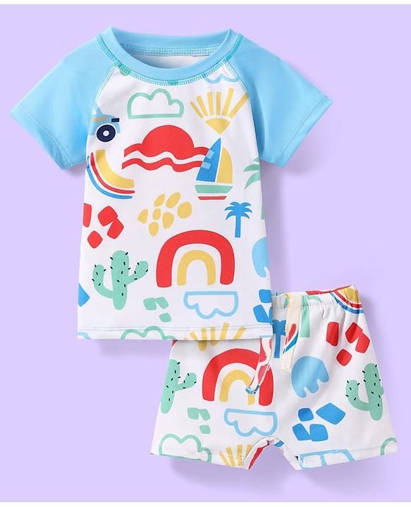 Babyhug Water Repellant Half Raglan Sleeves Beach Theme Printed Two Piece Swimsuit - Light Blue