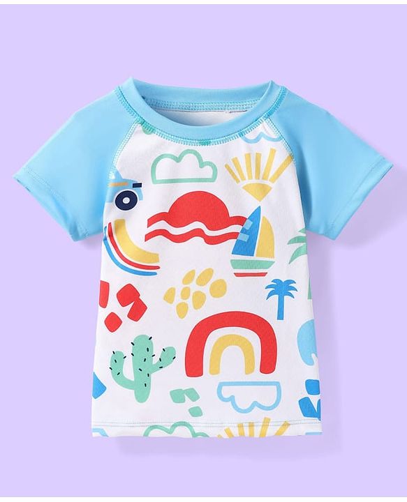 Babyhug Water Repellant Half Raglan Sleeves Beach Theme Printed Two Piece Swimsuit - Light Blue