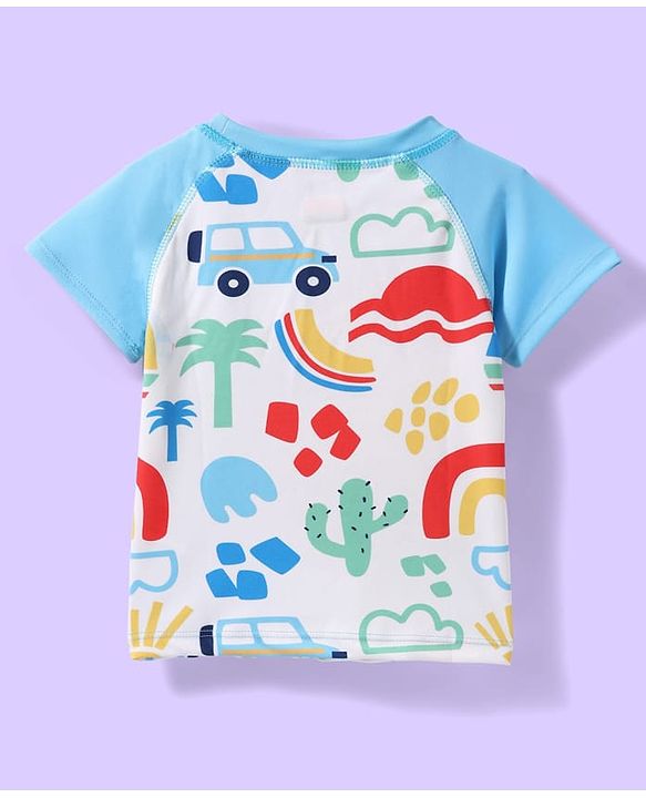 Babyhug Water Repellant Half Raglan Sleeves Beach Theme Printed Two Piece Swimsuit - Light Blue