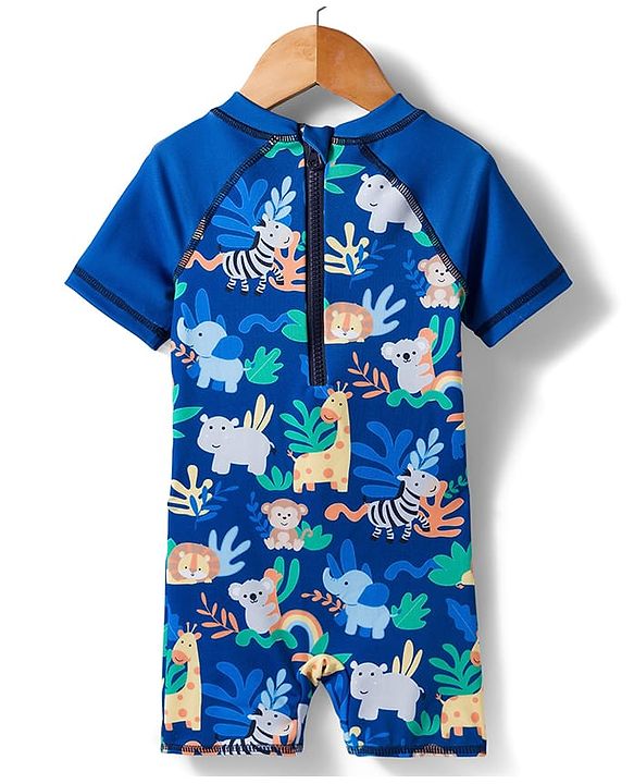 Babyhug Water Repellant Half Raglan Sleeves Legged Swimsuit  with Animal Print - Navy Blue