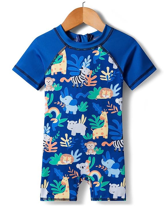 Babyhug Water Repellant Half Raglan Sleeves Legged Swimsuit  with Animal Print - Navy Blue