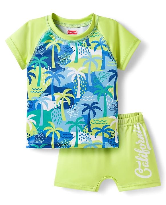 Babyhug Water Repellant Half Raglan Sleeves Tropical Theme Printed Two Piece Swimsuit - Green