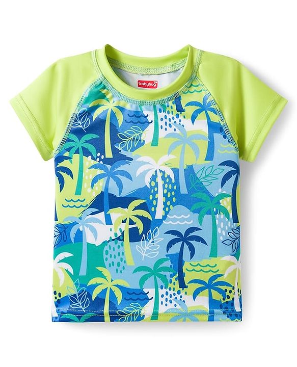Babyhug Water Repellant Half Raglan Sleeves Tropical Theme Printed Two Piece Swimsuit - Green