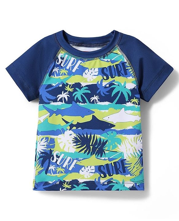 Babyhug Water Repellant Half Raglan Sleeves Two Piece Swimsuit With Shark Print - Navy Blue