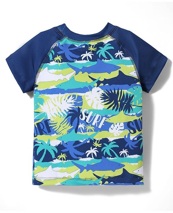 Babyhug Water Repellant Half Raglan Sleeves Two Piece Swimsuit With Shark Print - Navy Blue