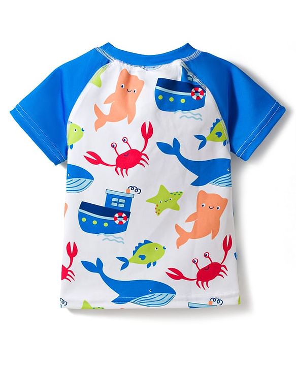 Babyhug Water Repellent Half Raglan Sleeves Sea Life Printed Two Piece Swimsuit - Blue