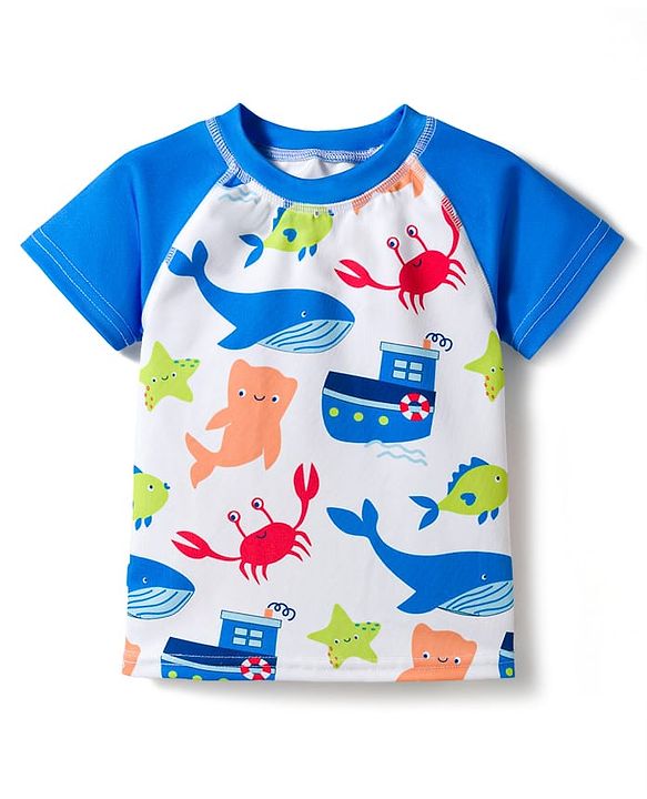 Babyhug Water Repellent Half Raglan Sleeves Sea Life Printed Two Piece Swimsuit - Blue