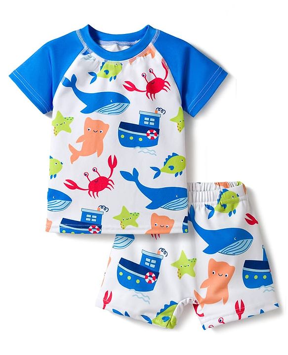 Babyhug Water Repellent Half Raglan Sleeves Sea Life Printed Two Piece Swimsuit - Blue