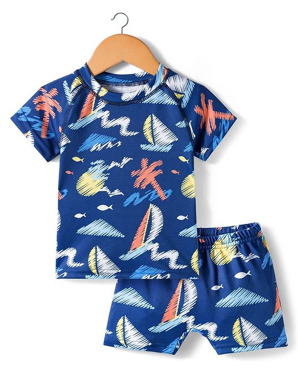 Babyhug Half Raglan Sleeves Beach Theme Printed Two Piece Swimsuit - Navy Blue
