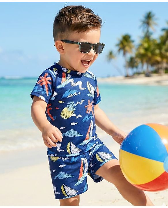 Babyhug Half Raglan Sleeves Beach Theme Printed Two Piece Swimsuit - Navy Blue