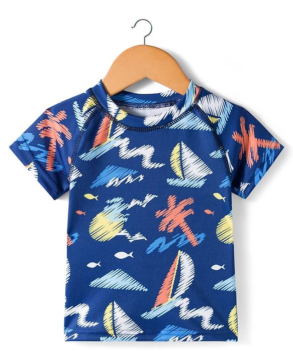 Babyhug Half Raglan Sleeves Beach Theme Printed Two Piece Swimsuit - Navy Blue
