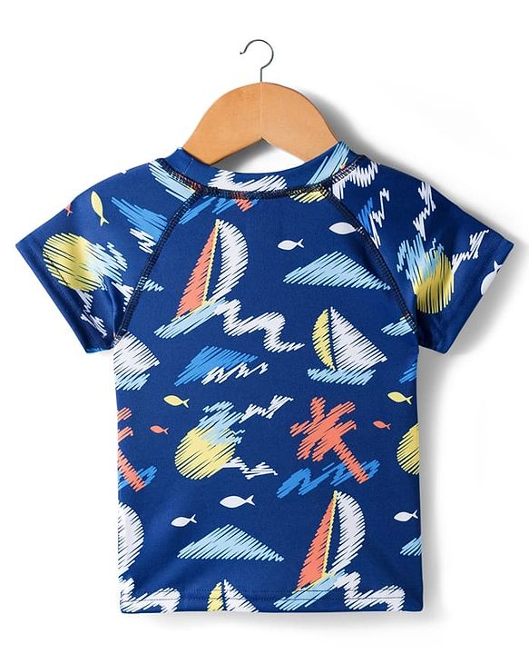 Babyhug Half Raglan Sleeves Beach Theme Printed Two Piece Swimsuit - Navy Blue