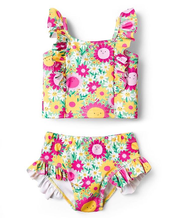 Babyhug Sleeveless Water Repellant Two Piece Swimsuit with Floral Print - Multicolor