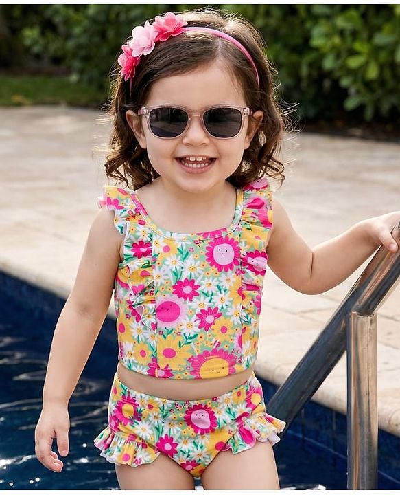 Babyhug Sleeveless Water Repellant Two Piece Swimsuit with Floral Print - Multicolor