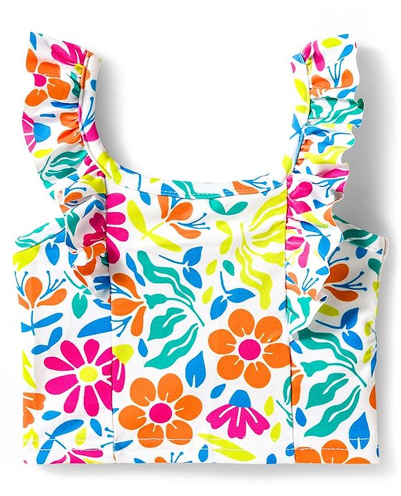 Babyhug Water Repellent Sleeveless Two Piece Swimsuit With Floral Print - White