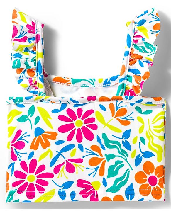 Babyhug Water Repellent Sleeveless Two Piece Swimsuit With Floral Print - White