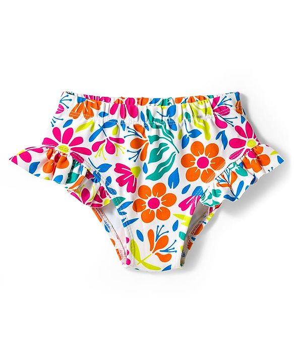 Babyhug Water Repellent Sleeveless Two Piece Swimsuit With Floral Print - White