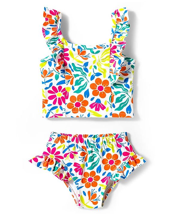 Babyhug Water Repellent Sleeveless Two Piece Swimsuit With Floral Print - White