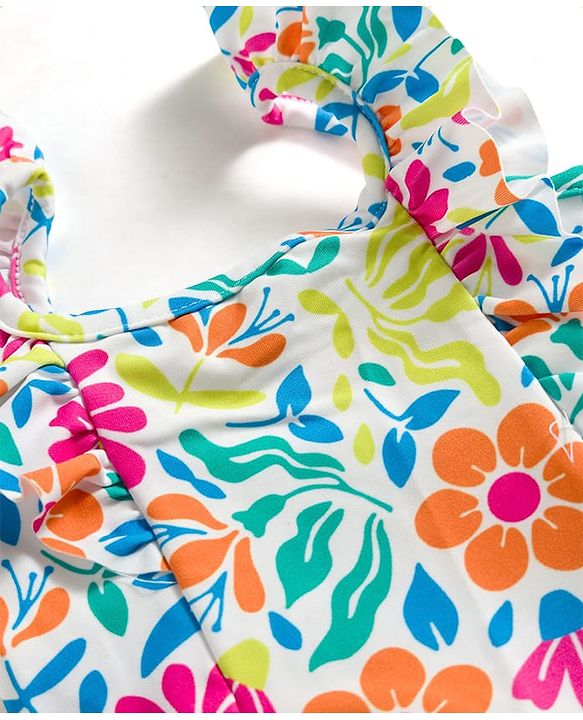 Babyhug Water Repellent Sleeveless Two Piece Swimsuit With Floral Print - White