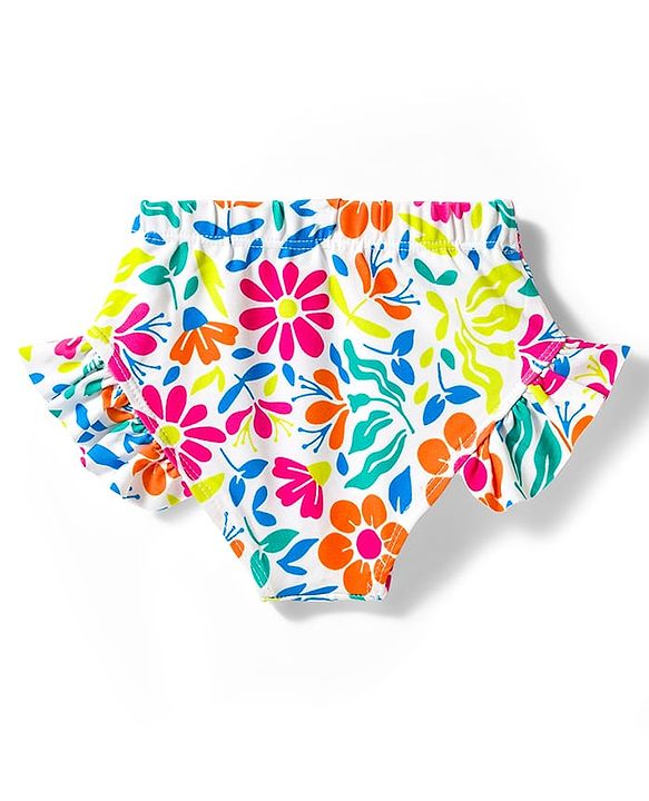 Babyhug Water Repellent Sleeveless Two Piece Swimsuit With Floral Print - White