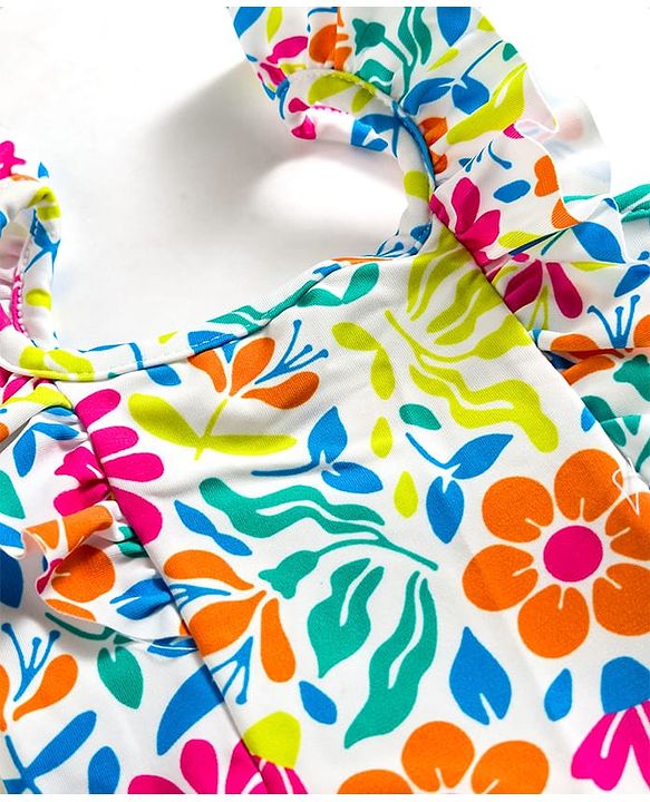 Babyhug Water Repellent Sleeveless Two Piece Swimsuit With Floral Print - White