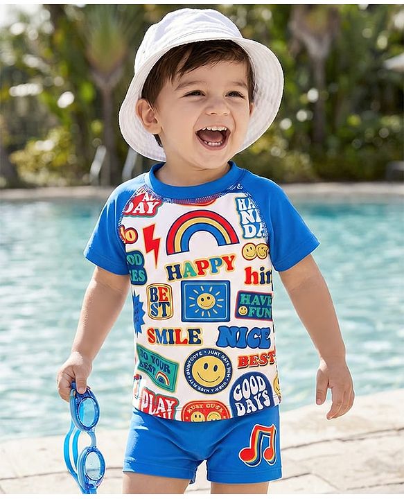Babyhug Water Repellent Half Raglan Sleeves Printed Two Piece Swimsuit - Blue
