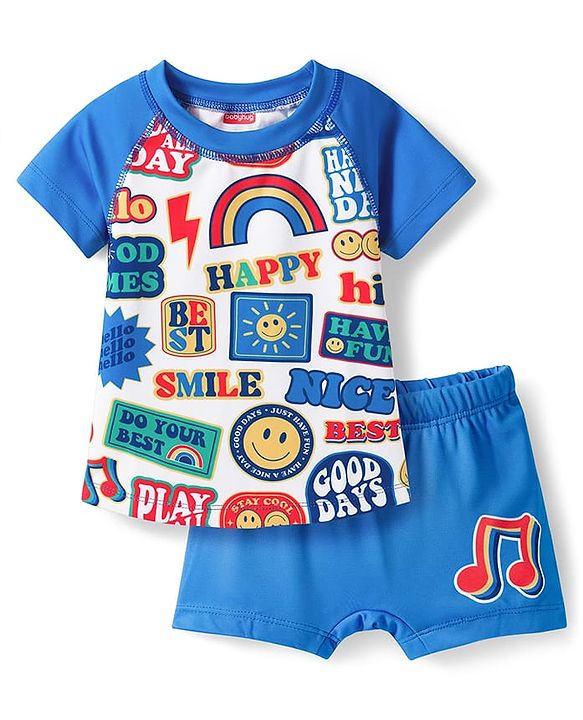 Babyhug Water Repellent Half Raglan Sleeves Printed Two Piece Swimsuit - Blue
