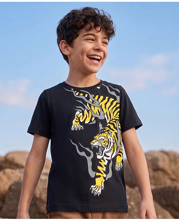 Pine Kids Cotton Knit T-Shirts Half Sleeves Round Neck Graphic Jet Black 4-5 Years