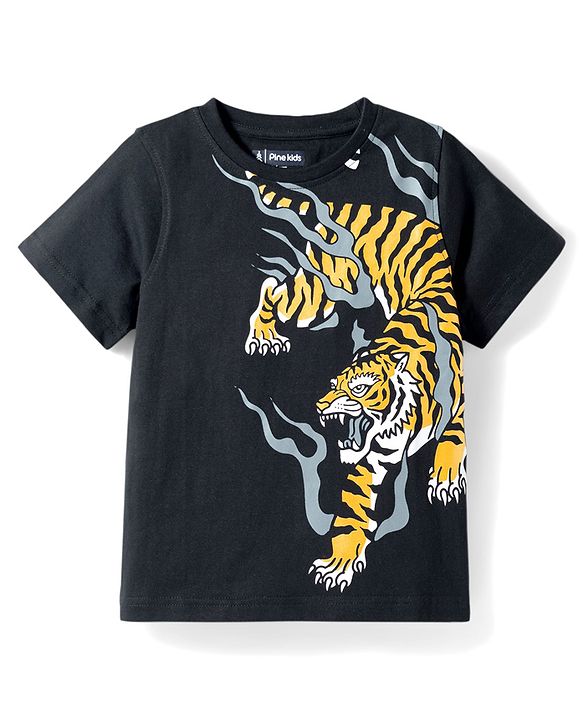 Pine Kids Cotton Knit T-Shirts Half Sleeves Round Neck Graphic Jet Black 4-5 Years